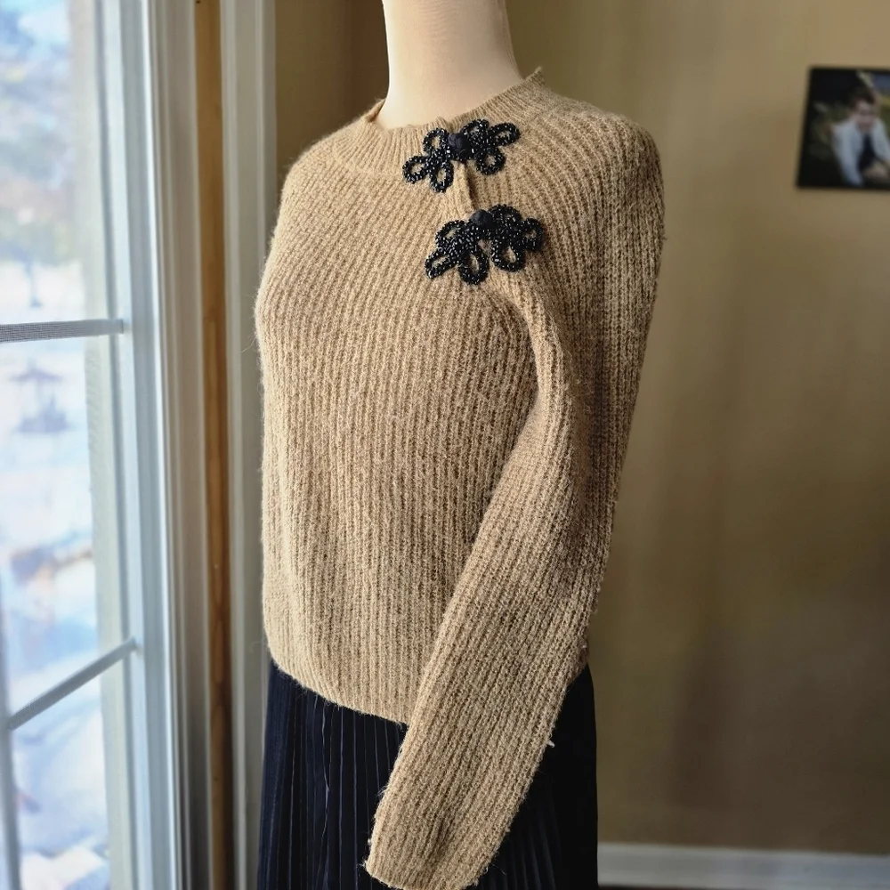 J.Crew Tan Alpaca Wool Blend Sweater with Black Beaded Flowers